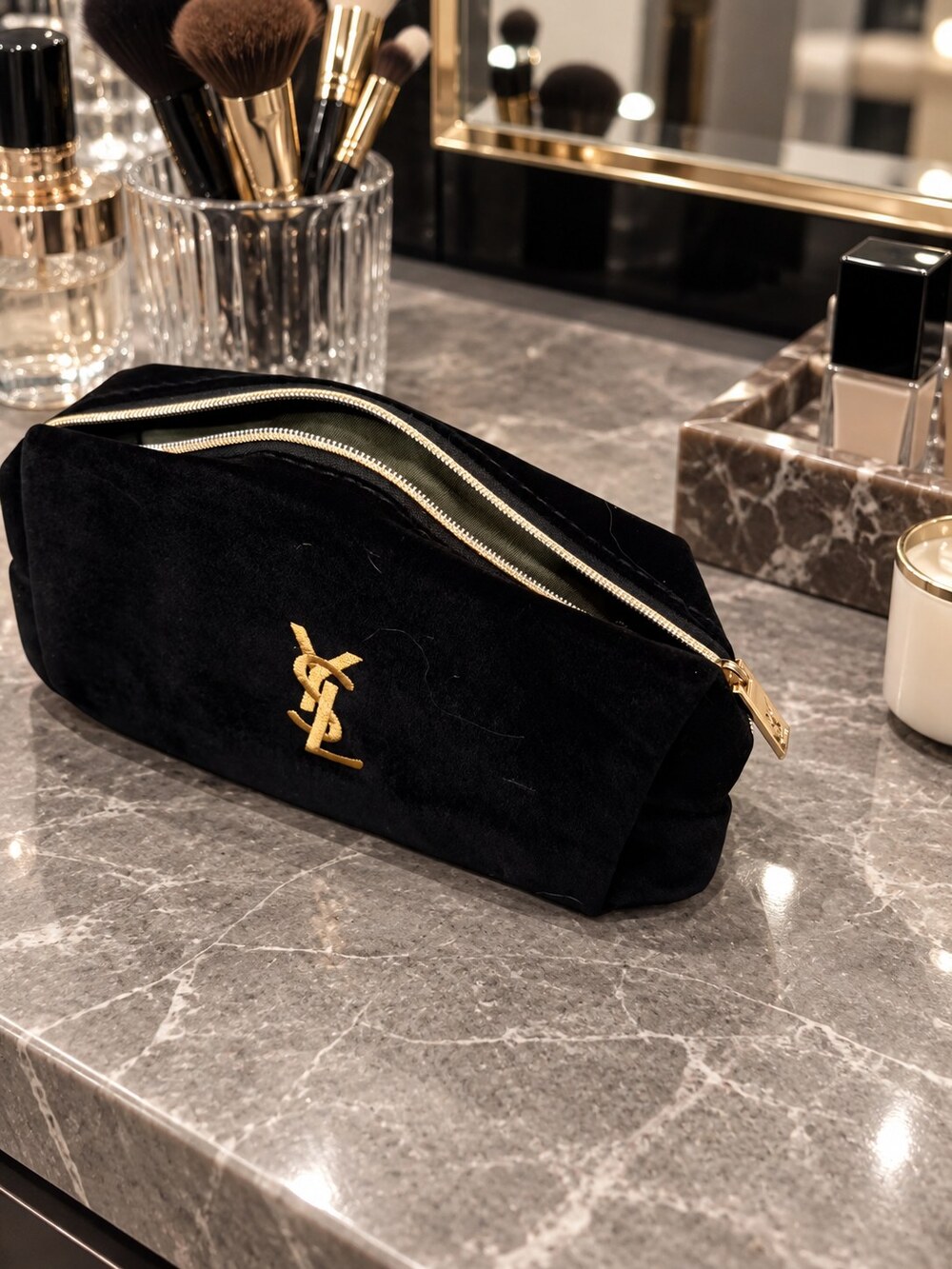 Yves Saint Laurent Black Velvet Makeup Bag | Soft Velvet Texture - Picture 2 of 6